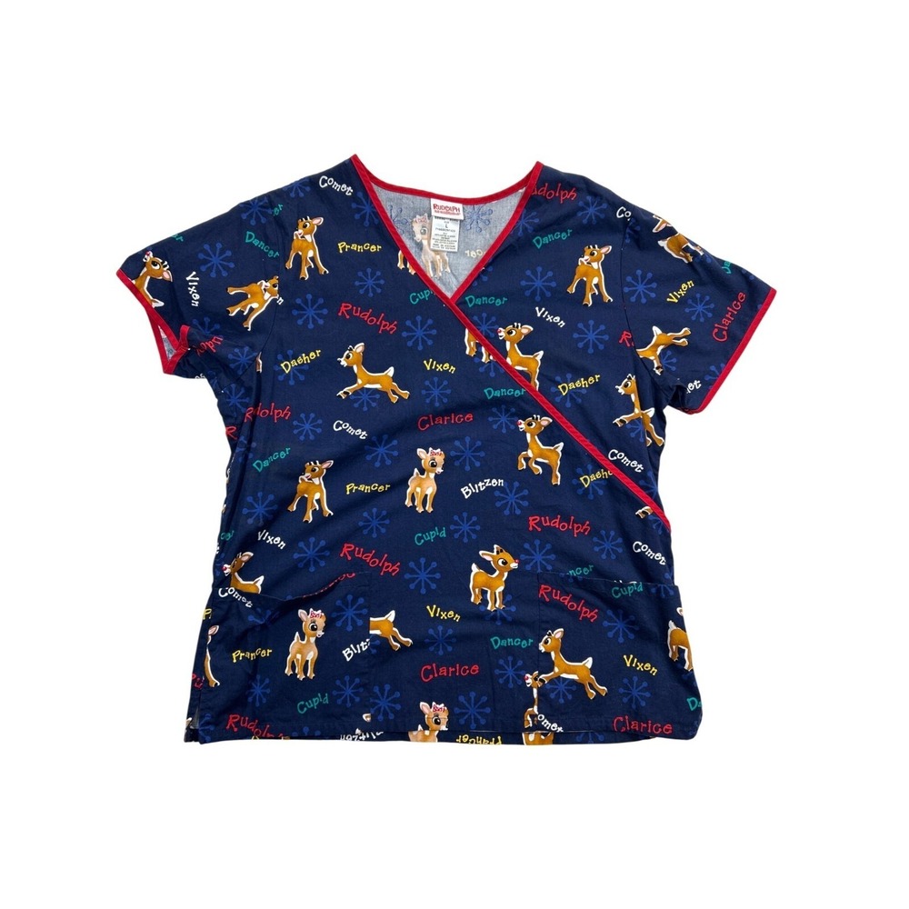 Rudolph Red-Nosed Reindeer Scrub Top Womens Large Blue Short Sleeve